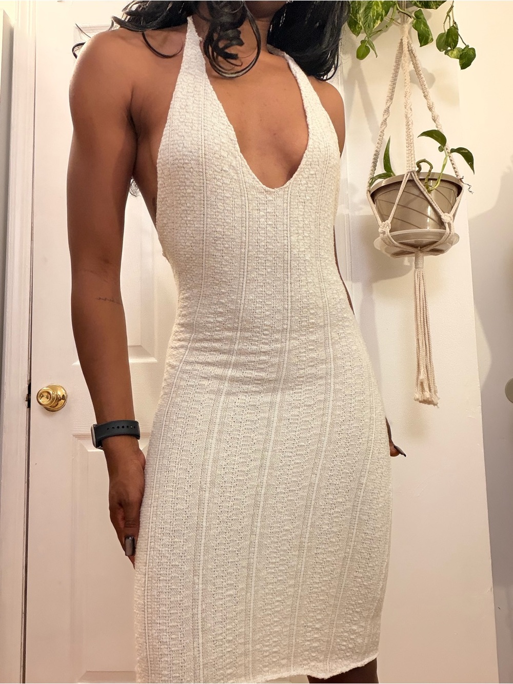 Sleeveless White Knit Halter Dress